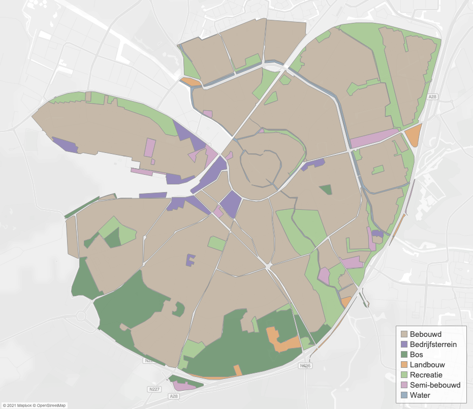 Kaart van gebieden in Amersfoort, zoals bebouwde gebieden, bos gebied, landbouw, recreatie etc. Gemaakt in Tableau 2021.2